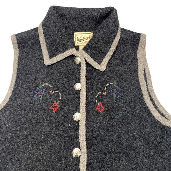 Woolrich Wool Vest Womens M Gray Grandma Embroidered Gorpcore Button Front - Picture 8 of 12